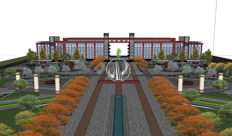 红色底座白色圆环造型校园文化广场雕塑su模型-图二