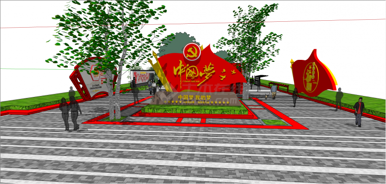 中式红色特色民俗文化广场su模型-图一