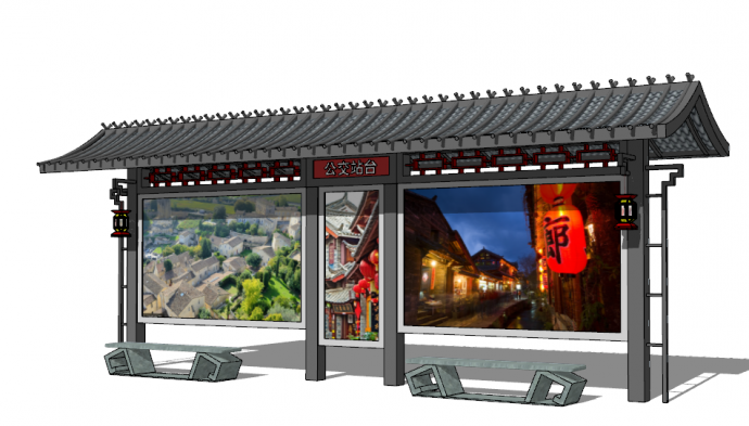 新中式复古公交站台su模型_图1