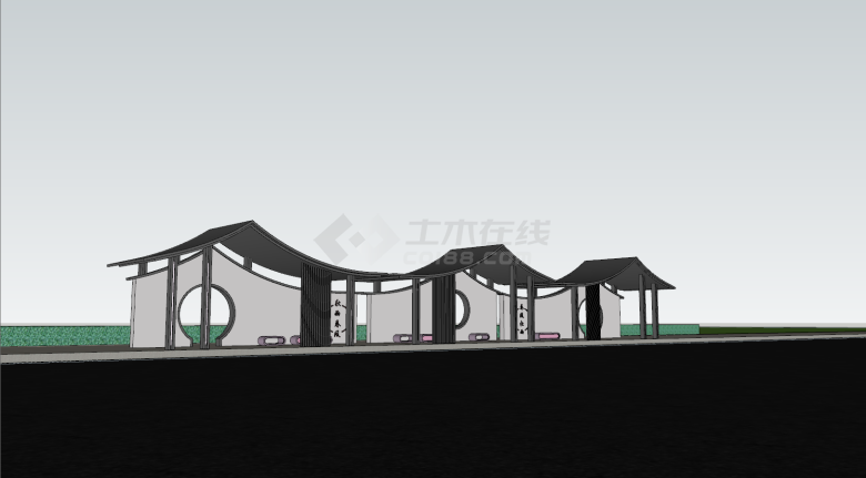 中式公交站整体布局su模型-图一