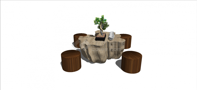 枯树树墩样式桌加整段木头凳su模型-图二