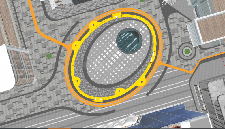 椭圆形的有黄色边的商业中心广场互动飘带水景su模型-图二