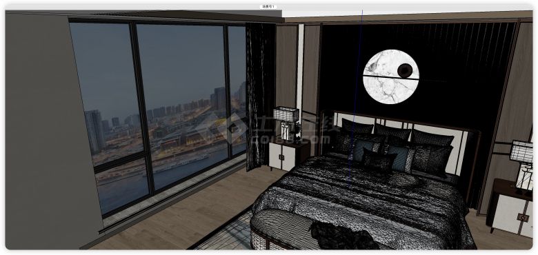 落地窗新中式风格卧室su模型-图一