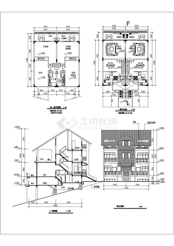【广州】某三层双拼别墅建筑设计图-图一