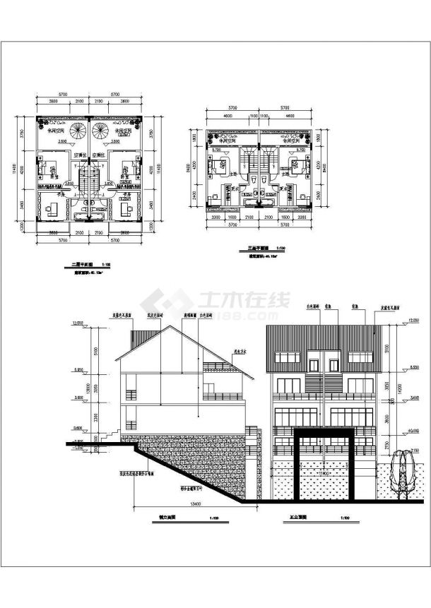 【广州】某三层双拼别墅建筑设计图-图二