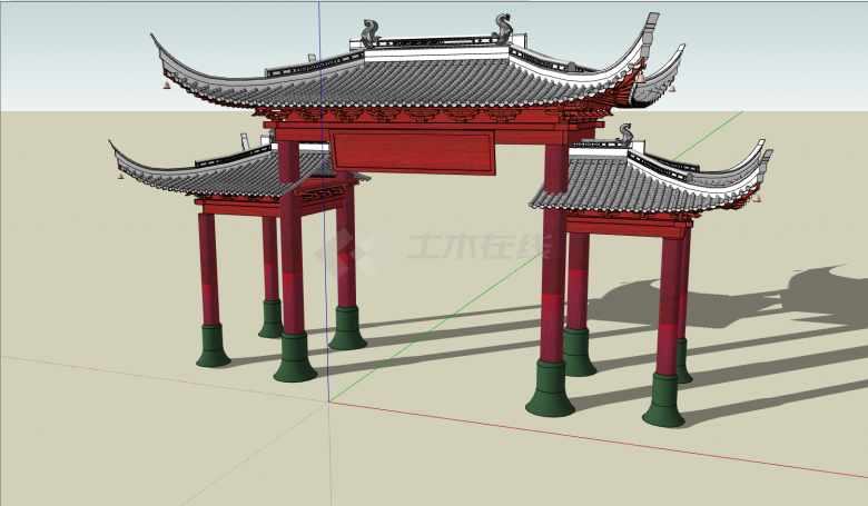 中式牌坊古建大门建筑su模型-图二