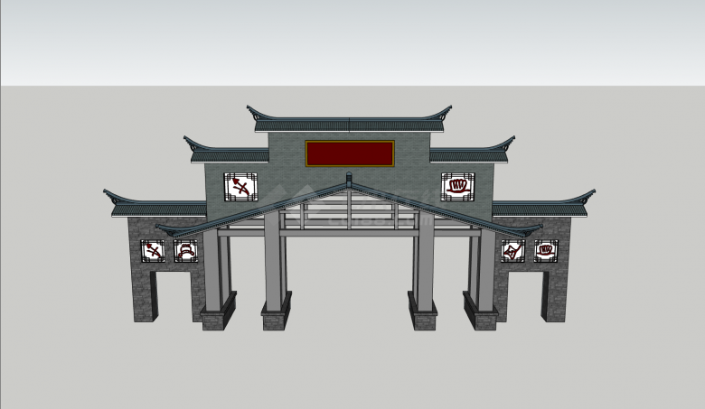 中式大门庭院建筑su模型-图二