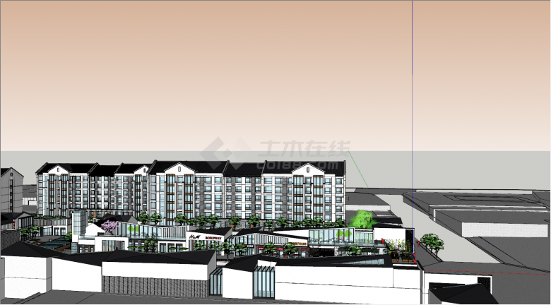 现代中式风格黑白灰沿街商业建筑小区SU模型-图一