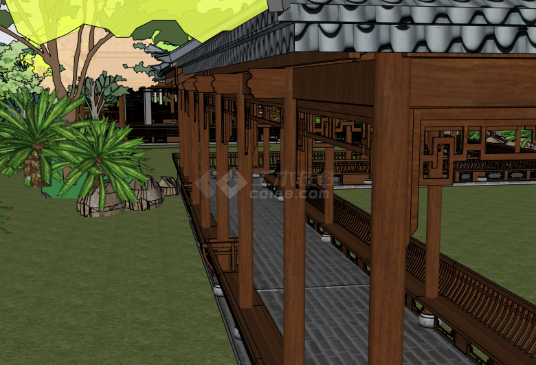 木质中式园林景观公园建筑SU模型-图二