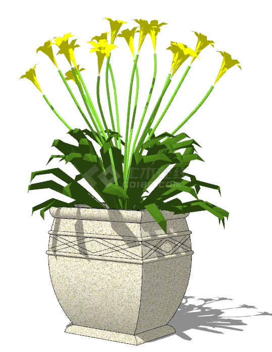 大理石花盆开着黄色鲜花的欧式花钵su模型-图一