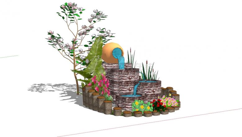 新中式庭院小品景观水池SU模型-图一