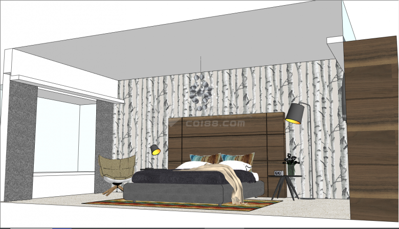 一件装修豪华的房间内摆放着齐全的家具华北欧风卧室su模型-图二
