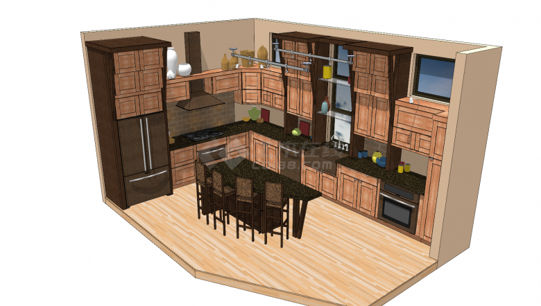 棕色系厨房橱柜全景su模型-图一