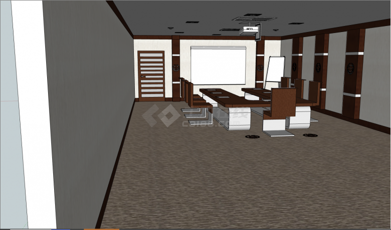 一间装修简约的办公室里放置着棕白相间的桌椅公司小型会议室SU模型-图二