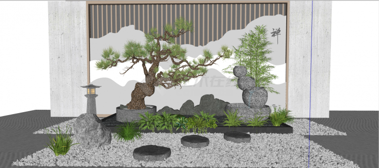 中式传统花园室内造景景观角su模型-图一