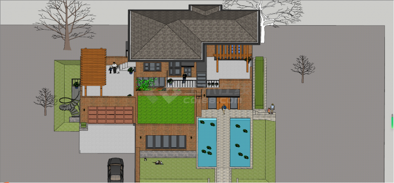 带水池带庭院的新中式别墅su模型-图二