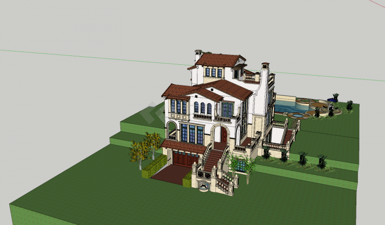 西班牙风格别墅多层su模型-图一