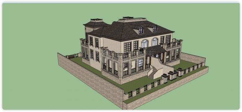古堡欧式大型别墅庭院su模型-图二