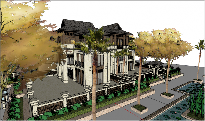 新中式三层带庭院独栋别墅su模型-图二