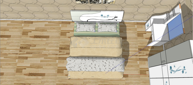 双人平板木床类su模型-图二