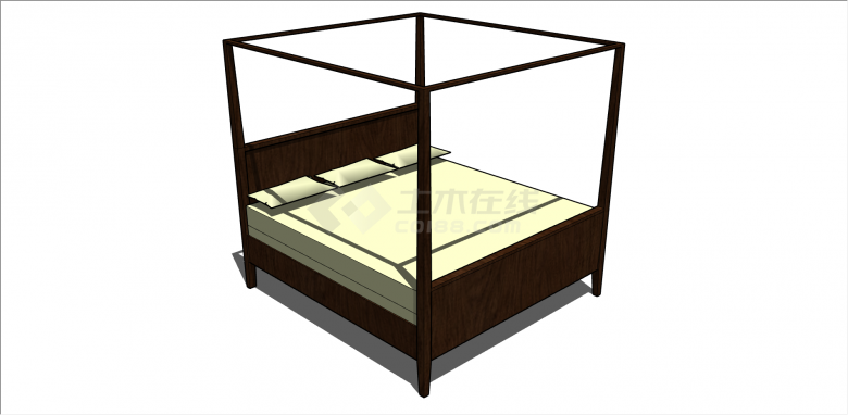 中式复古木制三人床su模型-图二