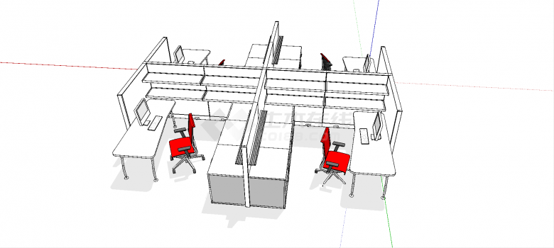 现代带三个独立抽屉柜式单人电脑办公桌组合四人桌椅su模型-图一