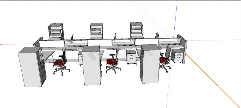 现代带书柜且桌底置放小柜子式六人办公桌椅su模型-图一