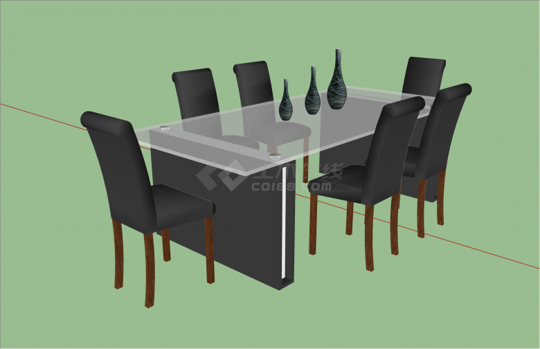 典雅现代玻璃桌子黑椅子大桌椅su模型-图一