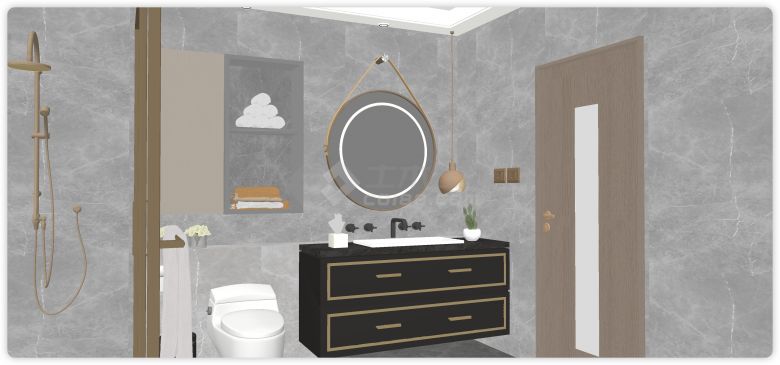 圆形led梳妆镜现代卫生间浴室柜su模型-图二