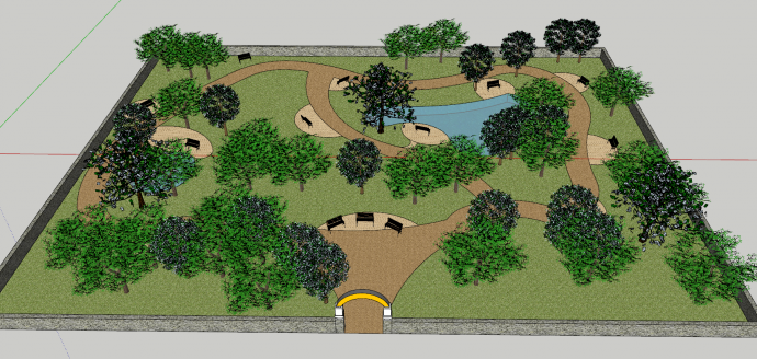 现代矩形带池塘的小游园su模型_图1