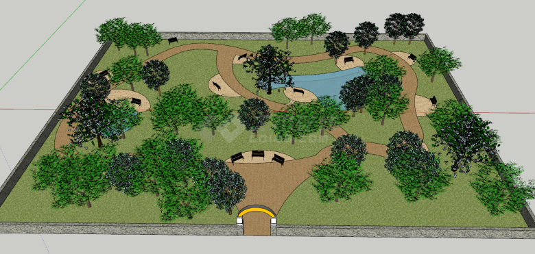 现代矩形带池塘的小游园su模型-图一