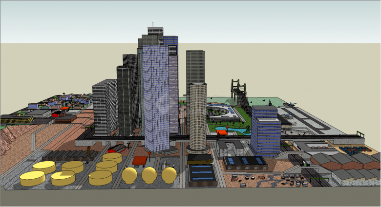 山坡飞机水池城市规划su模型-图一