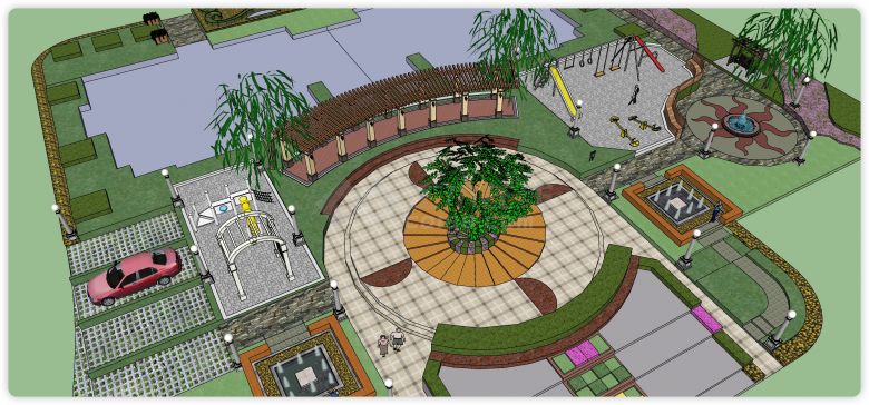 圆形广场景观葡萄架走廊公园景观建筑设计su模型-图一