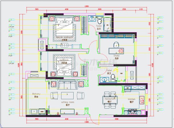 115㎡法式新古典两室一厅装修CAD施工图（含效果图）-图一