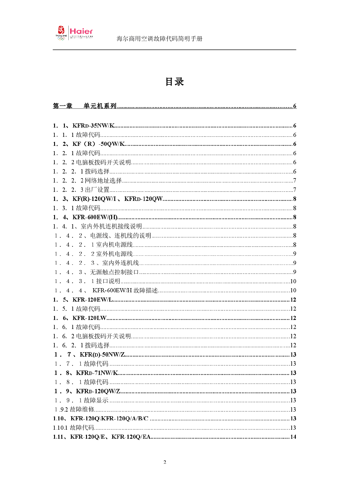 海尔商用空调故障代码简明手册-图二