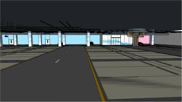 蓝粉色的墙面柱子上带图案的停车场地下车库su模型_图1