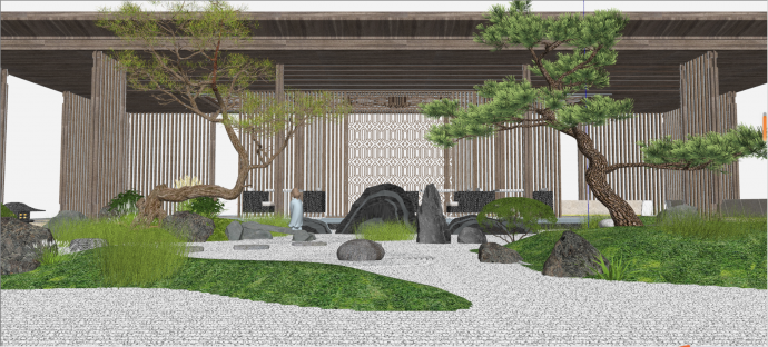 中式庭院山水树木的景观规划su模型_图1