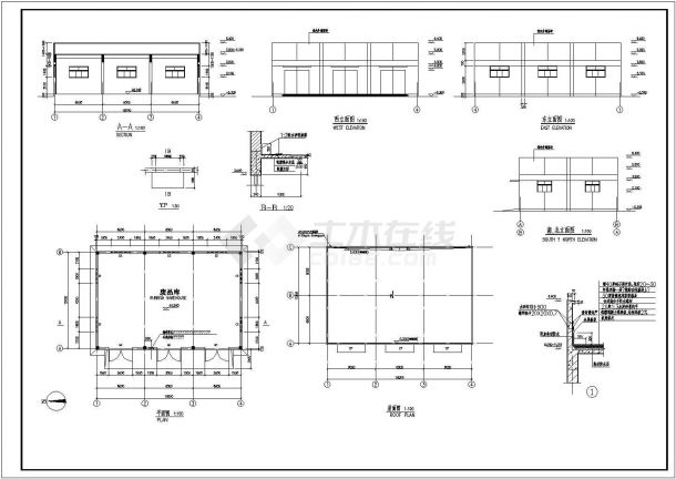 某机器厂单层动力房建筑设计图（长54米 宽15米）-图二