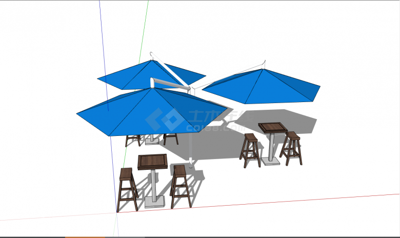 带有蓝色遮阳伞的多个座位的室外桌椅 su模型-图二