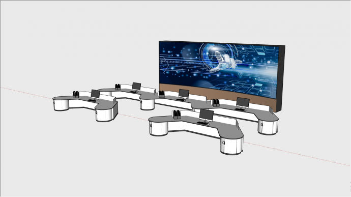 白色的桌子摆放着五台电脑的带拼接大屏的现代监控中心控制室SU模型_图1