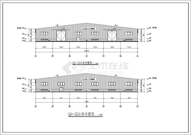 某三跨单层门式钢架轻钢结构钢构成品厂房建筑设计图-图一