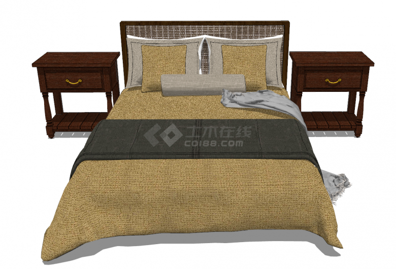深色实木带金色床单套件的床 su模型-图二