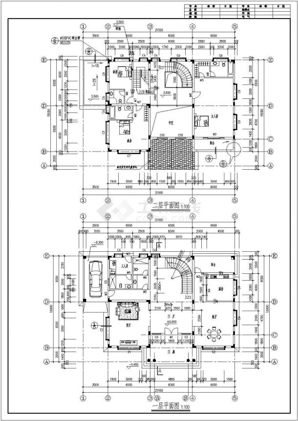 某三层别墅建筑设计图（长21.5米 宽15米）-图二