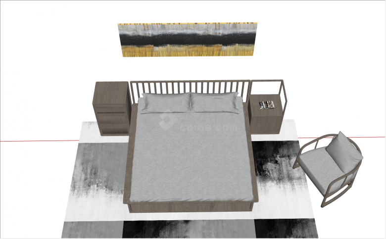 铺有大地毯木质床架配厚床垫的装饰简单双人床su模型-图二