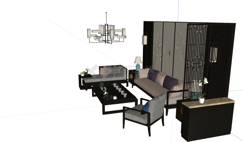 黑色系木制沙发屏风su模型-图二