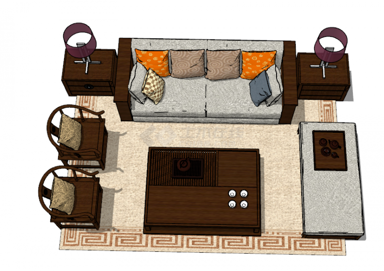 多层小区中式沙发组合su模型-图二