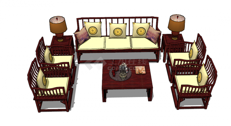 小别墅客厅沙发中式组合su模型-图一