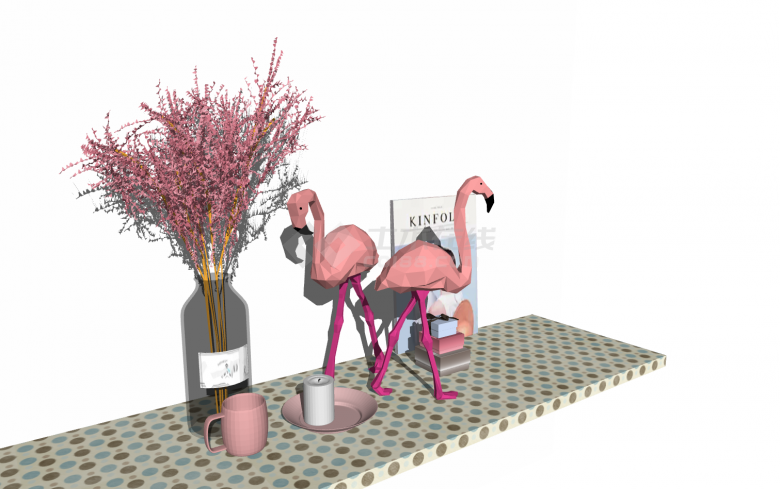 波点桌面粉红色火烈鸟雕塑su模型-图二