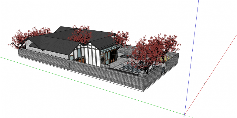 灰色的房顶带庭院的中式民宿su模型-图二