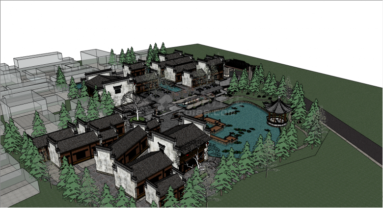 水池中盛开着荷花的复古式的村庄改造民宿su模型-图一